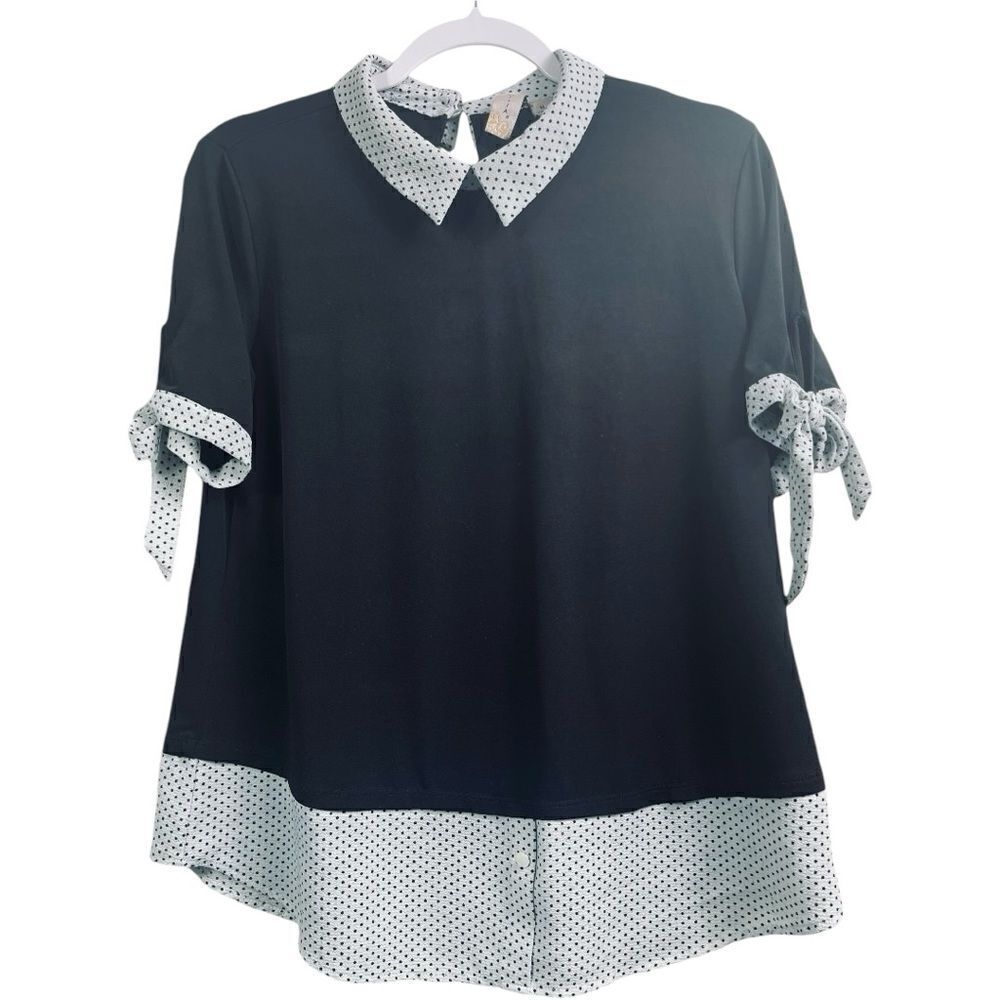 Misia Black White Polka Dots Doll Collar Tie Sleeve Blouse